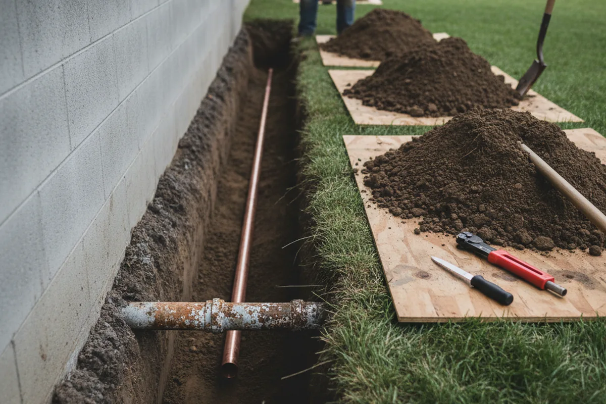 Excavated water line trench during Sewer Line Repair in Belle Valley